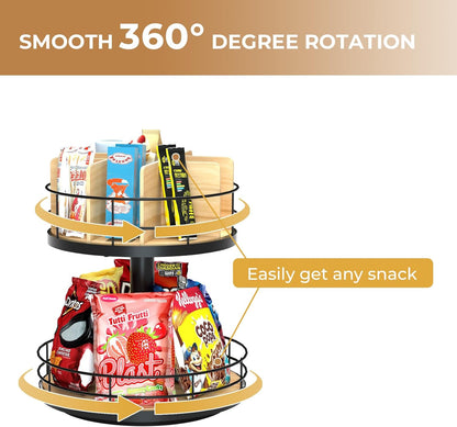 Snack Organizer - Versatile Snack Storage 2 Tier Lazy Susan with Convenient Grab-and-Go Design, Metal Snack Holder for Home, Office, Breakroom, 11.85" L x 11.85" W x 13.3" H (Matte Black)