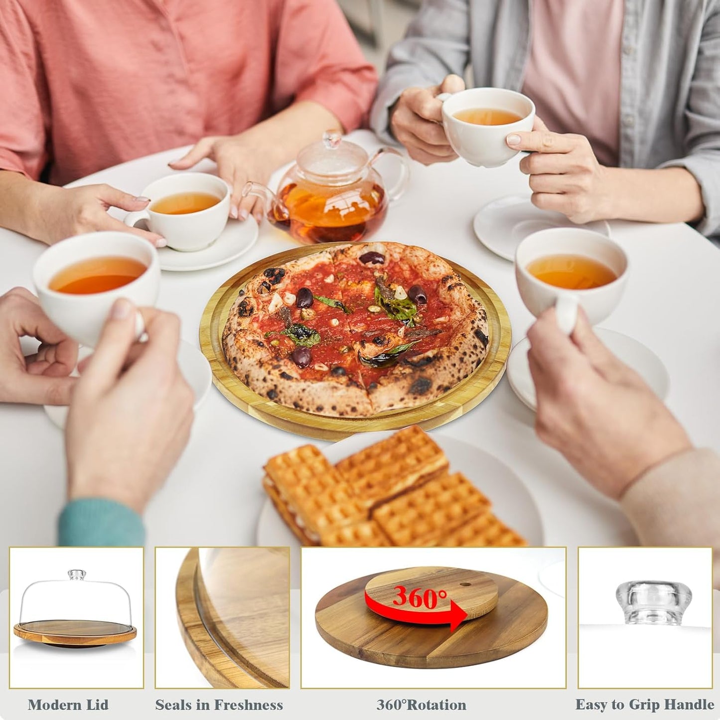 cutesun Cake Stand with Lid, 10.8'' Shatterproof Acrylic Dome (Not Glass), 11.8'' Rotating Acacia Wood Cake Display Stand for Wedding Birthday Party Dessert