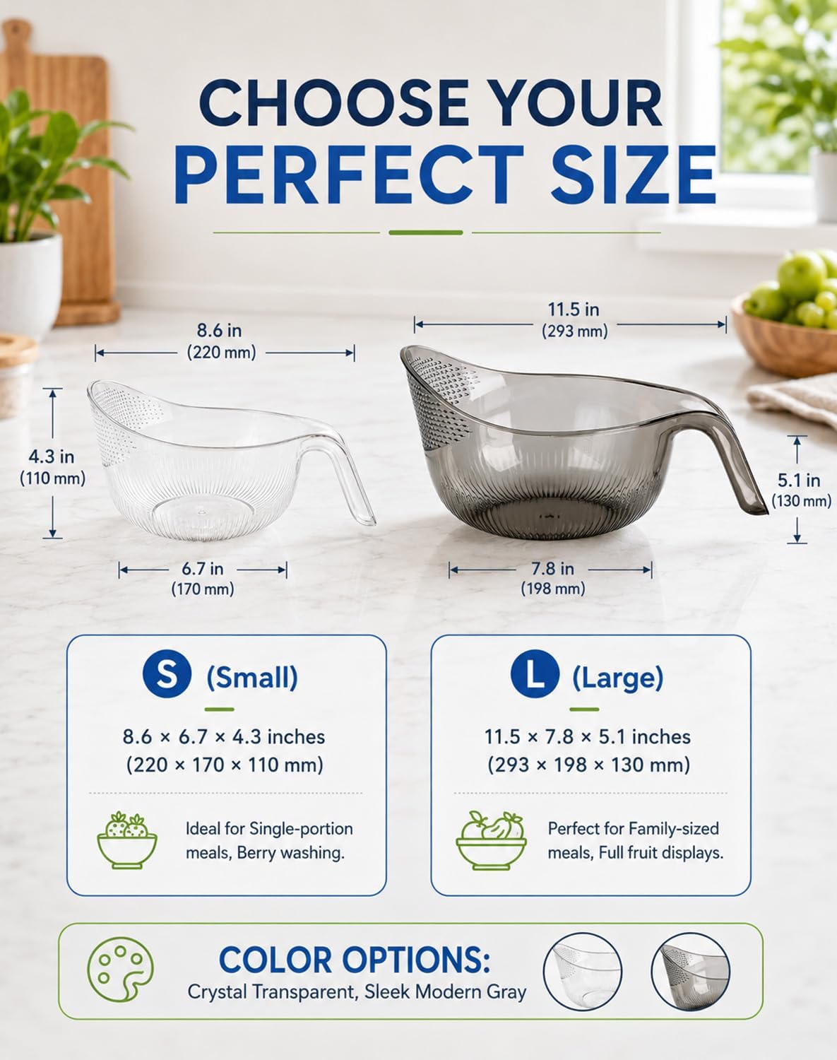 Multipurpose Rice Washing Bowl Strainer with Handle，Transparent：Small+Large