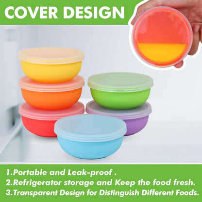 KOLUTI Nonstick Silicone Pinch Bowls Set of 6, 4oz Small Condiment Dipping Sauce Prep Bowl with Lid, Colorful Snack Serving Food Storage Mixing Containers for Side Dish, Microwave & Freezer Safe