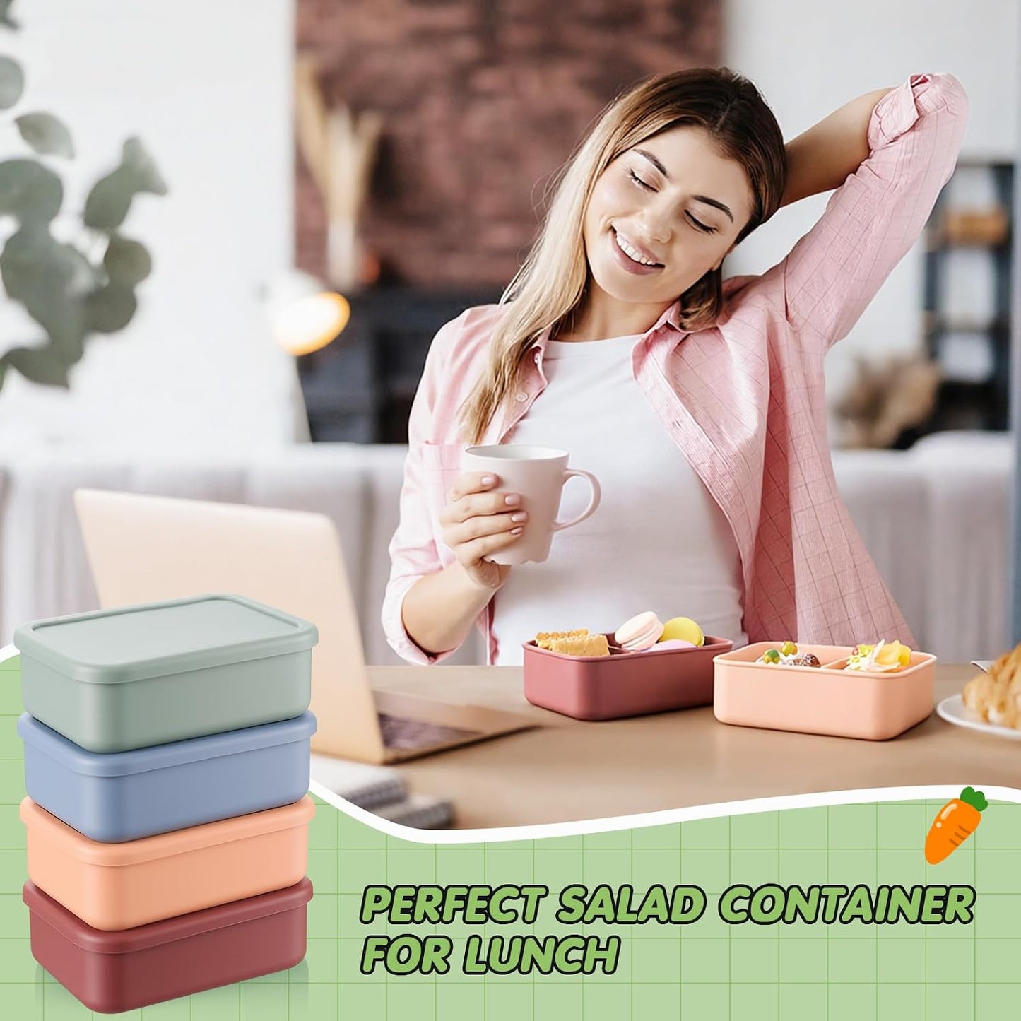 Layhit 4 Pcs Silicone Bento Box for Adults, 27 oz Bento Lunch Container Reusable 3 Compartment Lunchable Food Container for Women Men, Leak Proof Microwave Dishwasher Freezer Safe (Cool Colors)