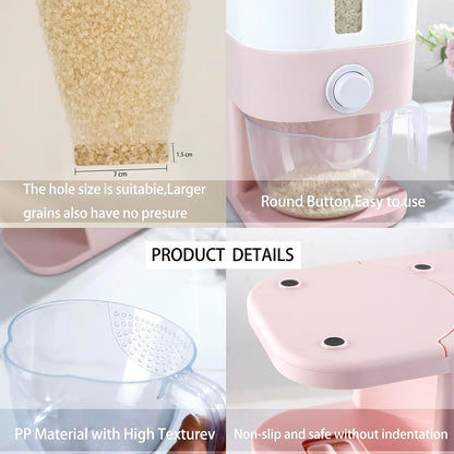 Rubtlamp 22.5-25 Lbs Pink Rice Dispenser, Rice Storage Container, Pink Rice Storage Container with Measuring Cup, Rice Holder Bucket for Household Kitchen Rice Soybean Corn