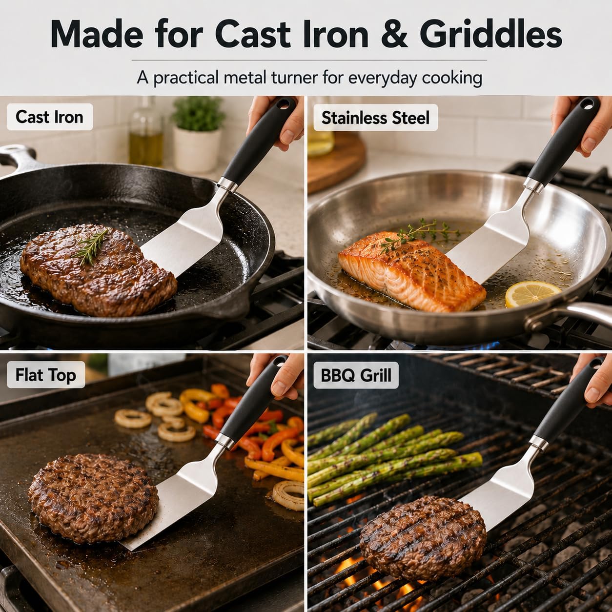 304 Stainless Steel Fish Spatula, Thin Flexible Slotted Turner | Non-Slip Ergonomic Handle, Metal Spatula for Fish, Eggs, Burgers, Cast Iron & Griddle, Black