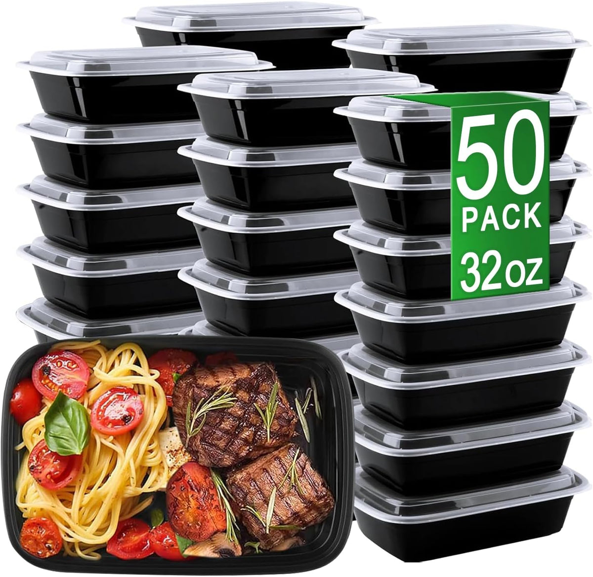Meal Prep Containers, 50 Pack 58oz (100-Piece) Disposable Take Out Food Storage Containers with Leakproof Lids, Large Plastic To Go Lunch Boxes, BPA Free, Microwave/Dishwasher/Freezer Safe