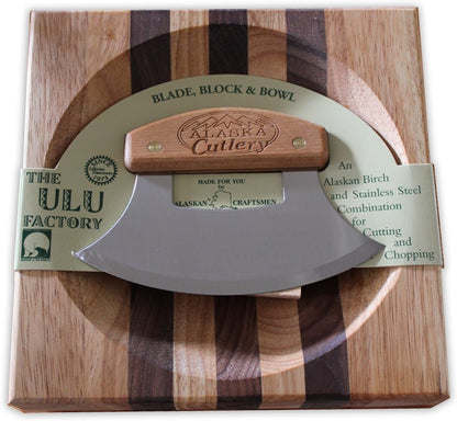 Alaska Ulu Knife Set Curved Knife with Wood Handle plus Chopping Board Mezzaluna Made in Alaska USA Ulu Factory