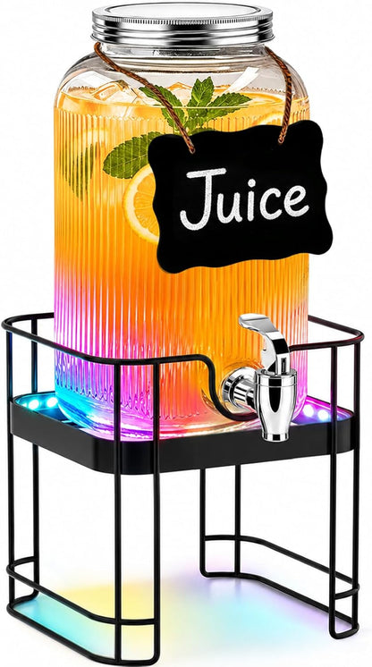 PAROTO Drink Dispensers for Parties, 2 Pack 1 Gallon Glass Beverage Dispenser with Stand and LED Strip Light, Lemonade Juice Water Dispenser with Spigot for Wedding Bar Picnic BBQ Buffet Event