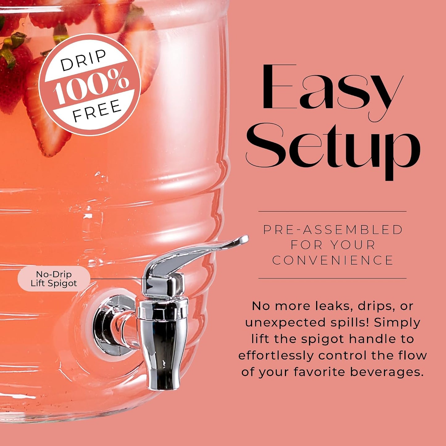 Style Setter Oak Grove Glass Beverage Dispenser with Stand - 2.5 Gallon Drink Dispenser with Galvanized Base & Leak-Proof Acrylic Spigot - Birthday, Wedding, Party Drink Dispenser with Stand