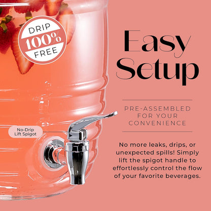 Style Setter Oak Grove Glass Beverage Dispenser with Stand - 2.5 Gallon Drink Dispenser with Galvanized Base & Leak-Proof Acrylic Spigot - Birthday, Wedding, Party Drink Dispenser with Stand
