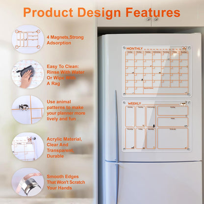 Magnetic Acrylic Clear Fridge Calendar Planner Note Board Set for Fridge,8Colors Markers,Erase Towel (Clear, Monthly & Weekly)