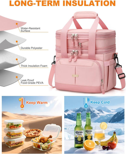 Pritent Lunch Box For Men Women Double Deck Insulated Lunch Bag For Men Woman Leakproof Expandable Cooler Bag with Adjustable Shoulder Strap for Kids Shool Work Picnic Camping(Beige,Large)