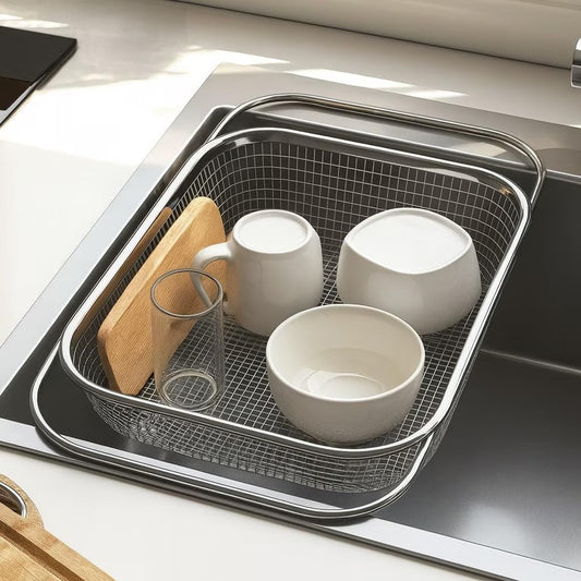 Large Adjustable Over-the-Sink Expandable Dish Drying Rack with Stainless Steel Drain Basket, Telescopic Space-Saving Kitchen Organizer for Fruits & Vegetables