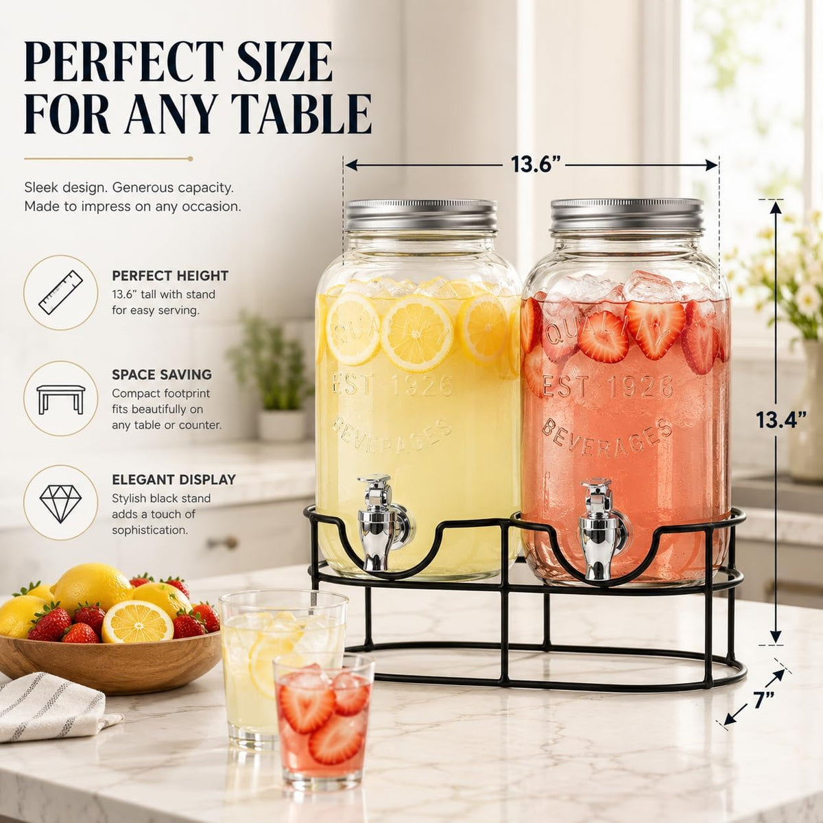 Estilo Gallon Drink Dispenser with Stand - Glass Beverage Dispenser with Stand for Weddings - Sun Tea Jar with Spigot 1 Gallon - Countertop Glass Water Dispenser for Lemonade and Parties