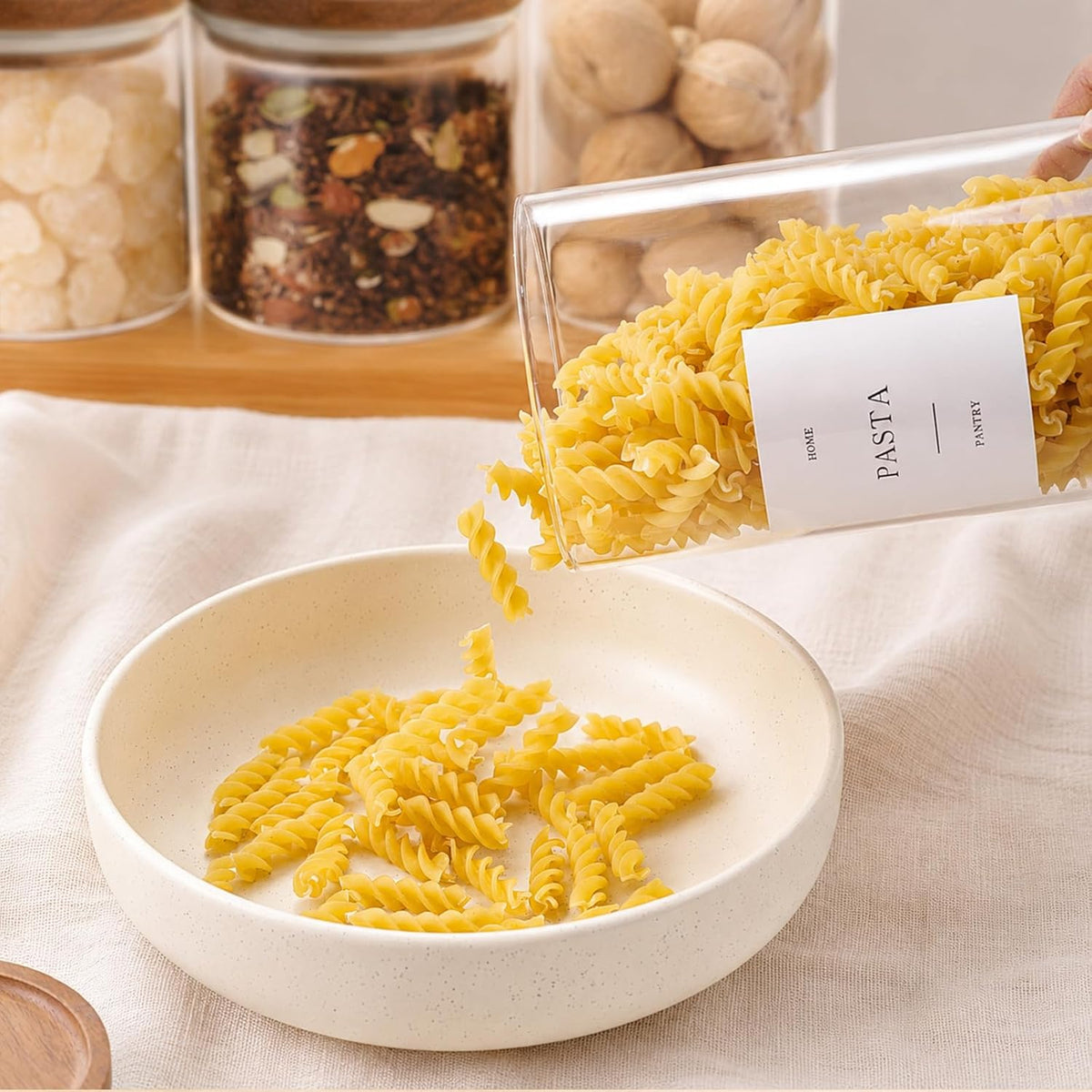 2 Pack Glass Rice Containers with Acacia Wood Lids, 70oz Airtight Flour and Sugar Jars with 105 Labels, Large Glass Pantry Storage Jars for Cereal, Protein Powder, Cookies, Dry Food