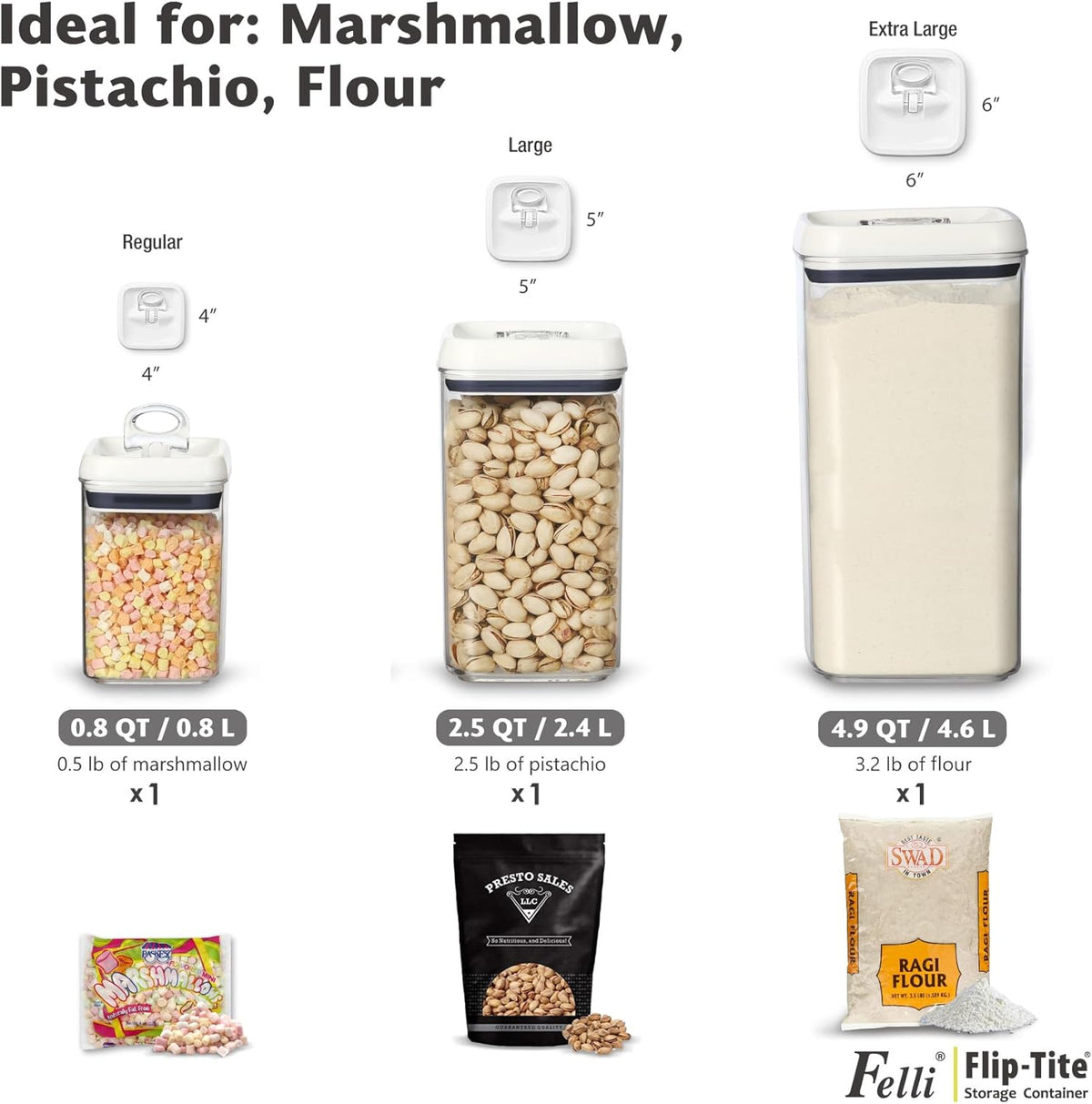 Felli Flip Tite Acrylic Food Storage Container with Lid 6” XL Air Tight Ring Seal Flip Top, Plastic Kitchen Baking Canister for 5 lb Flour Sugar Rice Protein Powder Pantry Organizer (Nest-M, White)