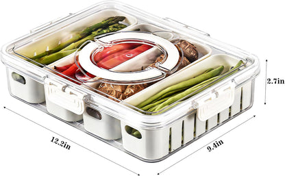 Divided Serving Tray with Lid for Veggie Charcuterie Container Portion Control Salad Keeper with 4 Removable Boxes Stackable Refrigerator Organizer Bins Food Storage Organizer Produce Saver