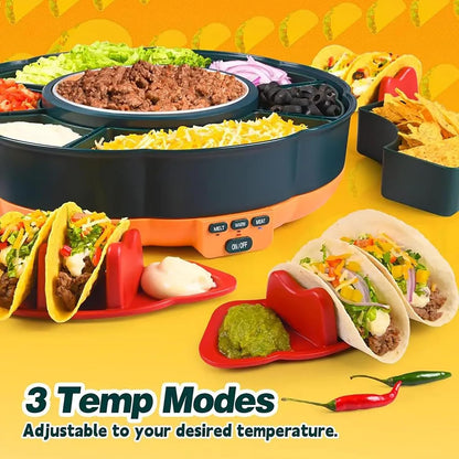 Taco Tuesday Kit, 33Oz Heated Pot Taco Bar Serving Set for A Party with 4 Taco Holders, & Detachable Lazy Susan Tray Unique Couple & Housewarming Gift Set Ideas
