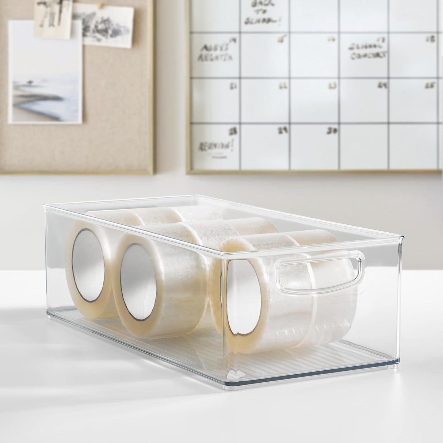 Plastic Stackable Pantry Bin - Organizer Bin with Handles for Cabinets or Fridge - Set of 4 - Clear