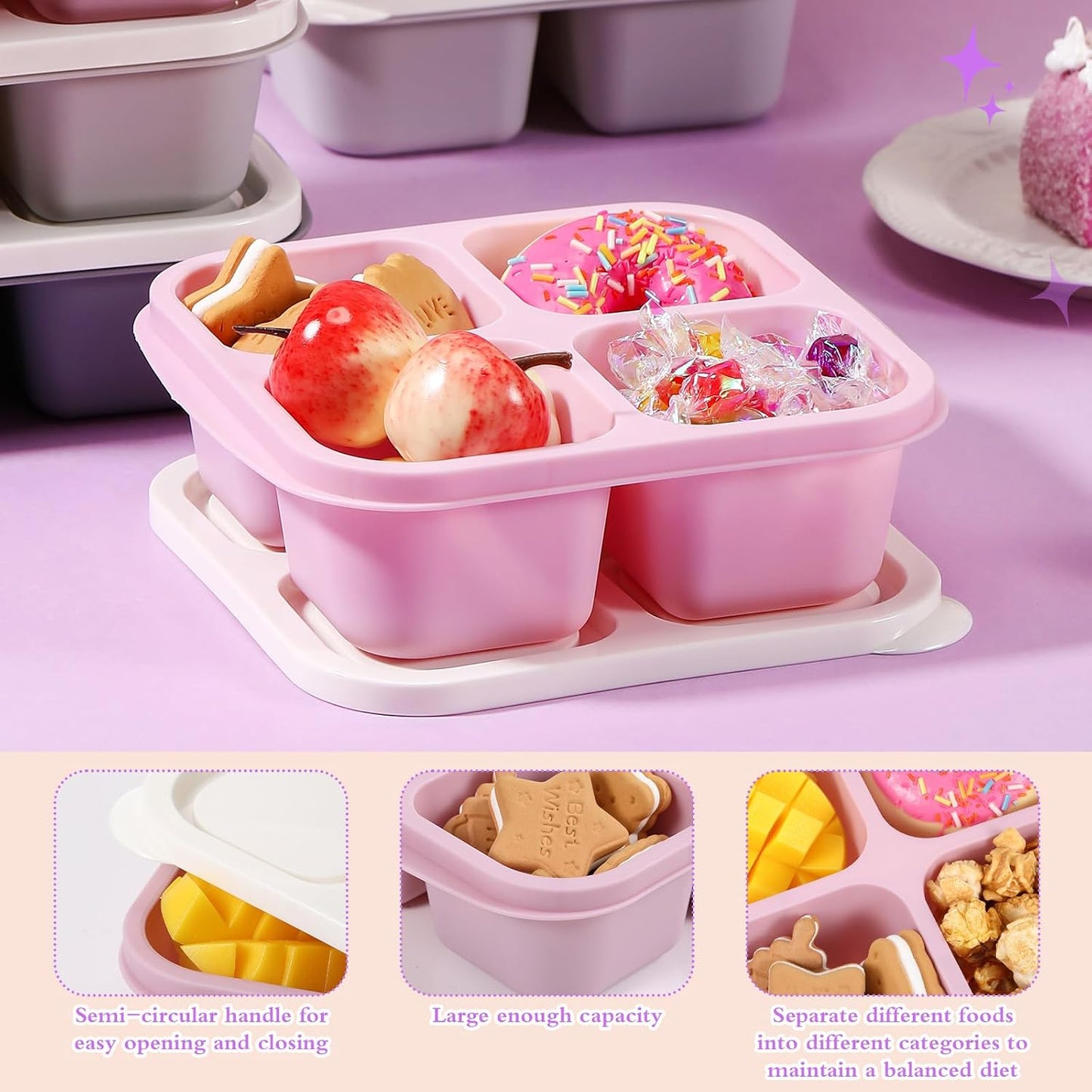 Honeydak 10 Pack Bento Snack Containers 4 Compartment Snack Boxes Reusable Containers with Lids Divided Meal Prep Lunch Food Storage Box for School Work Travel