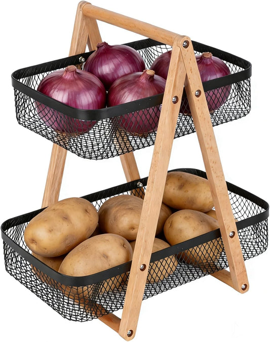 2 Tier Onion and Potato Storage Basket for Pantry, Wire Produce Organizer with Wooden Handle, Kitchen Counter Vegetable Bin for Garlic, Fruit, Bread and Snacks, Black