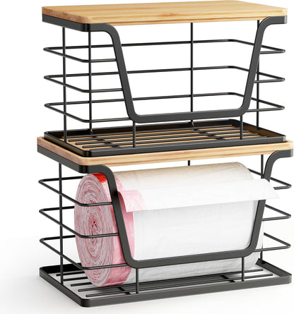 ALOCEO 2 Pack Stackable Wire Storage Basket with Bamboo Lid, Trash Bag Dispenser Under Sink for 4-13 Gal Bags, Kitchen Storage Bins for Potato and Onion, Brown