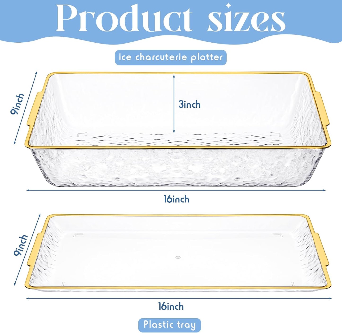 Baderke 4 Set 16" x 9" Plastic Chilled Serving Tray for Parties with Compartments Ice Chilled Party Platter Charcuterie Serving Board Cold Dish Dip for Fruit Seafood Vegetable Appetizer (Clear)