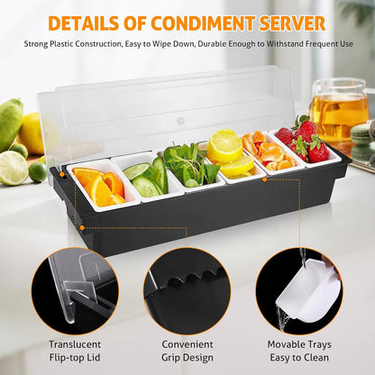 WICHEMI Fruit, Veggie & Condiment Caddy with Lid Dispenser Tray Plastic Garnish Station for Bartending & Serving Taco, Ice Cream, Salad Bar - Topping Organizer for Restaurant Supplies (3 Compartment)