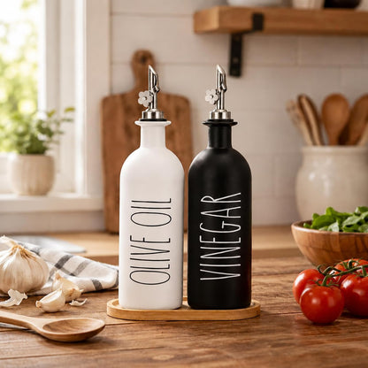 HOMCDALY Premium Olive Oil Dispenser for Kitchen, 11.8oz Glass Oil Bottles with Bamboo Tray, White Oil&Vinegar Cruet Set, Kitchen Dispenser Bottles with Pourer| Set of 2 (11.8oz –P–White)