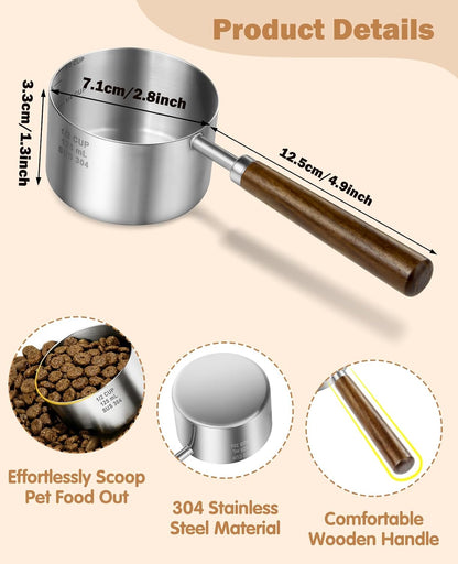 Stainless Steel Dog Food Scoop 1 Cup, Dog Food Measuring Cup With Measuring Lines (Cup/ML) & Long Wooden Handle, Metal Pet Food Scoop For Dogs, Cats and Kitchen Use, Dishwasher Safe