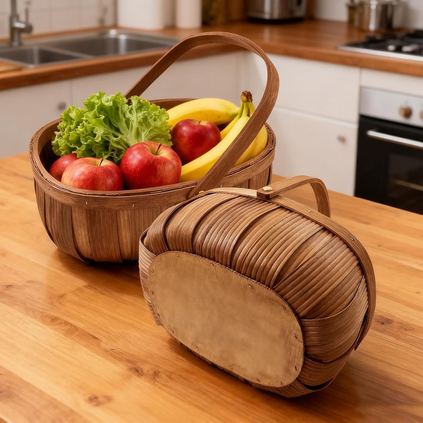 3 Pack Wooden Bread Baskets, Handmade Woven Wood Chip Picnic Basket with Handles, Storage Organizer for Vegetable Fruit Wedding - 3 Size