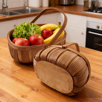 3 Pack Wooden Bread Baskets, Handmade Woven Wood Chip Picnic Basket with Handles, Storage Organizer for Vegetable Fruit Wedding - 3 Size