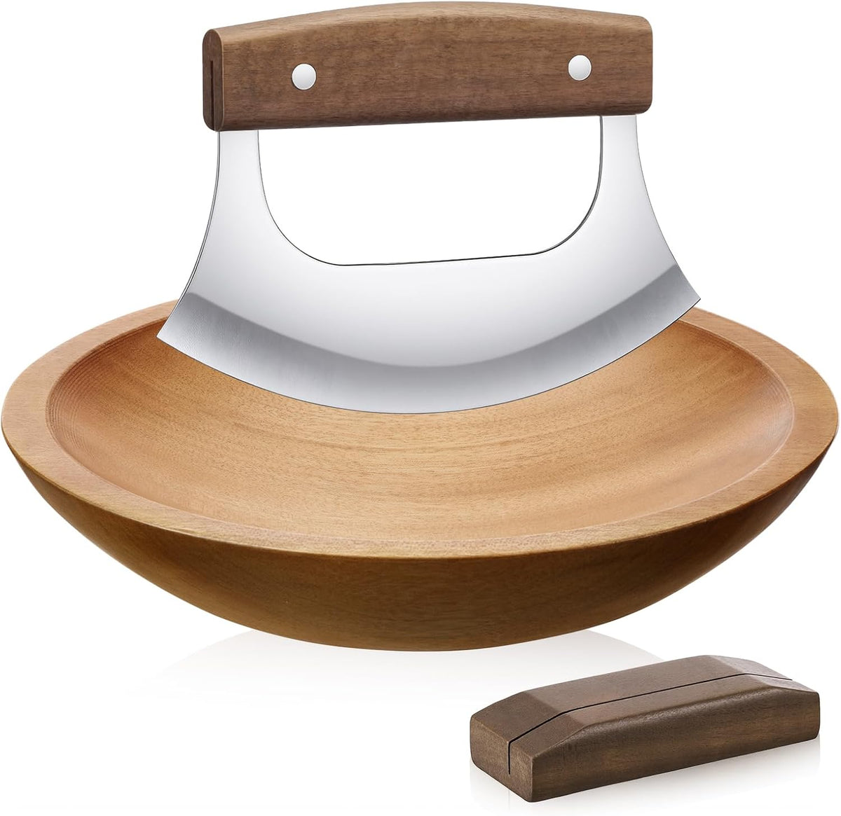 9 Inch Walnut Chopping Bowl and Mezzaluna Knife Set Solid Wood Salad Bowl for Chopping Walnut Herbs Spices Vegetables Eggs Chicken (Round Style)