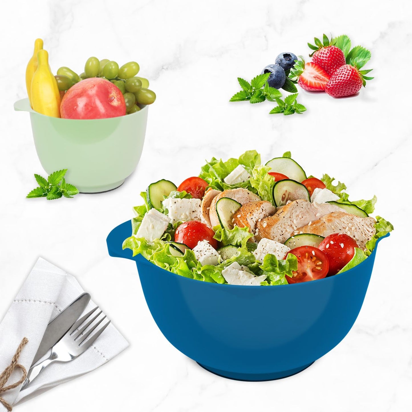 BoxedHome Nesting Plastic Mixing Bowl Set With Pour Spout, Microwave and Dishwasher Safe, BPA free Non-Slip Base, Set of 4 Size 1.7, 2.5, 3.5 and 4.5qt, Great for Prepping, Baking, Cooking (Dark Blue)