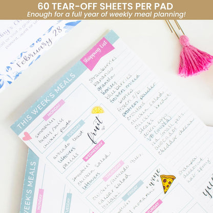 bloom daily planners Weekly Meal Planning Pad - Magnetic Hanging Refrigerator Menu Planner with Tear-Off Sheets & Perforated Grocery Shopping Lists - 6” x 9” (Grey & Pink)