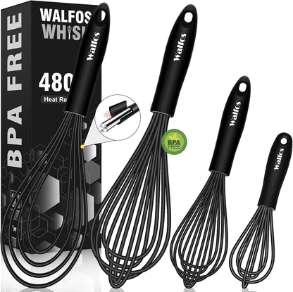 Walfos Silicone Whisk,Stainless Steel Wire Whisk -Heat Resistant 480°F Kitchen Whisks for Non-stick Cookware,Balloon Egg Beater Perfect for Blending,Whisking,Beating,Frothing & Stirring,Black