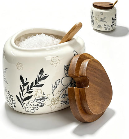 Ceramic Salt Cellar Bamboo Lid Spoon 3.5" Wide 12oz