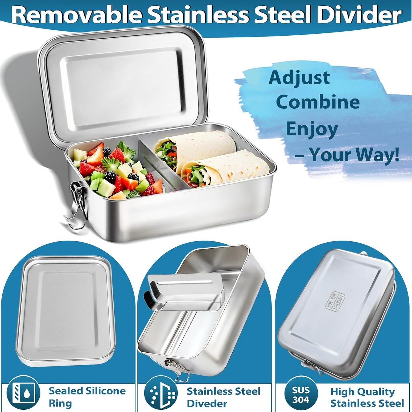 Stainless Steel Lunch Container 2 Pack 304 stainless Steel Bento Box Kids Adult(29oz/19oz),Leak Proof Stainless Steel Snack Containers With 1 Compartment and Lunch Bag