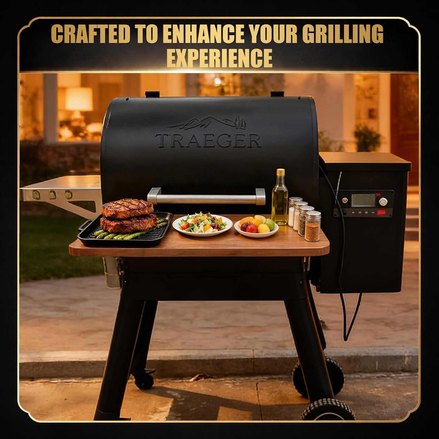 QuliMetal Folding Front Shelf for Traeger Pro 34, Texas Elite 34, Century 885 and Eastwood 34, 37" x 12" Heavy-Duty Grill Prep Table with Cutting Board, Stainless Steel Basin, Lid and 5 Hooks