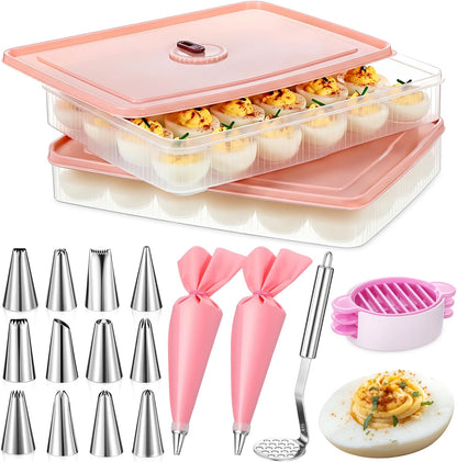 2 Pack Deviled Egg Container with Lid and Piping Bags and Tips Set Portable Plastic Deviled Egg Tray Carrier Organizer Reusable Cake Decorating Kit for Home Easter Party Kitchen Fridge