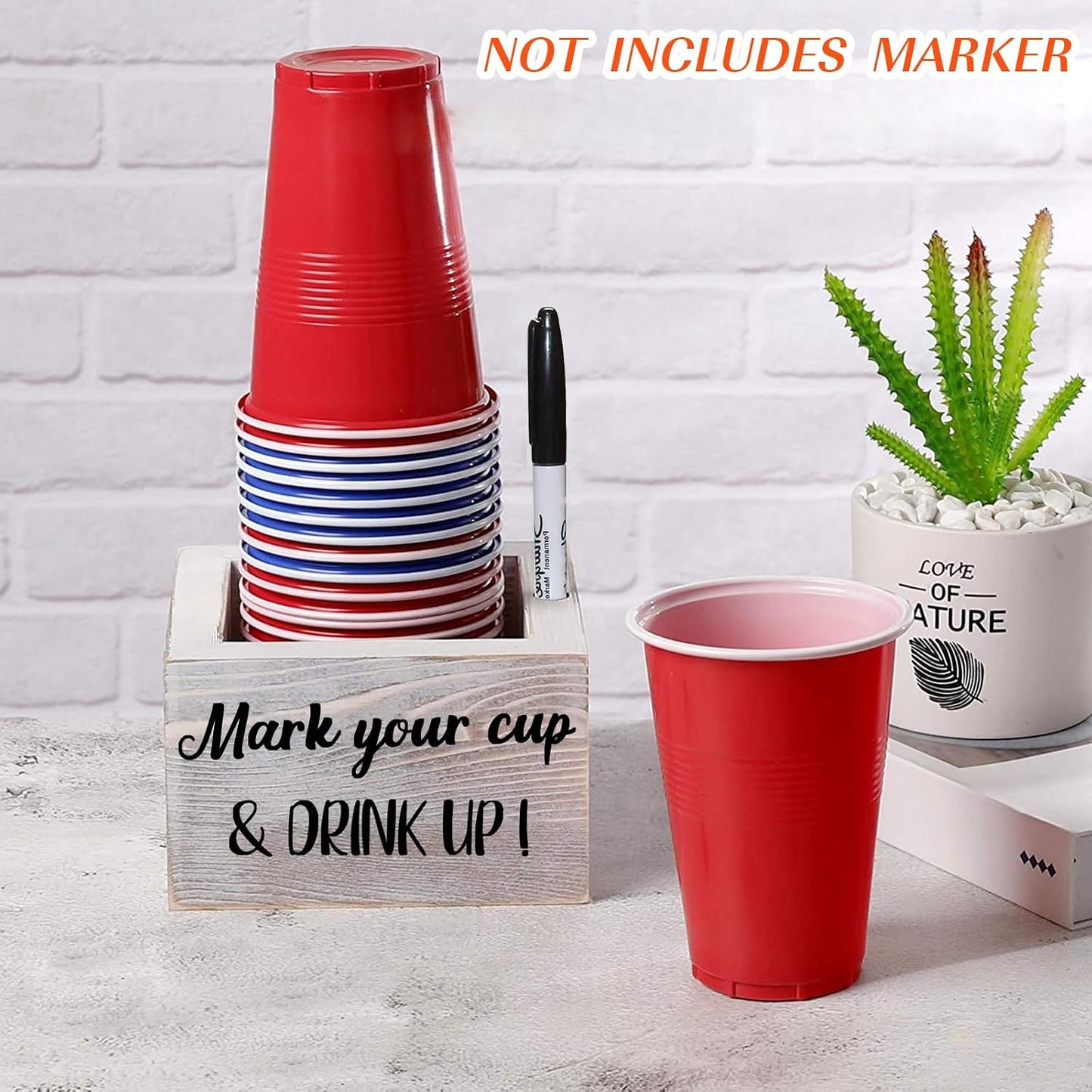 Wooden Cup Holder with Marker Slot, Disposable Plastic Party Cup Organizer for Holiday Gatherings - Hosting Essential to Mark Your Cup & Drink Up, Prevent Mix-Ups, Reduce Waste