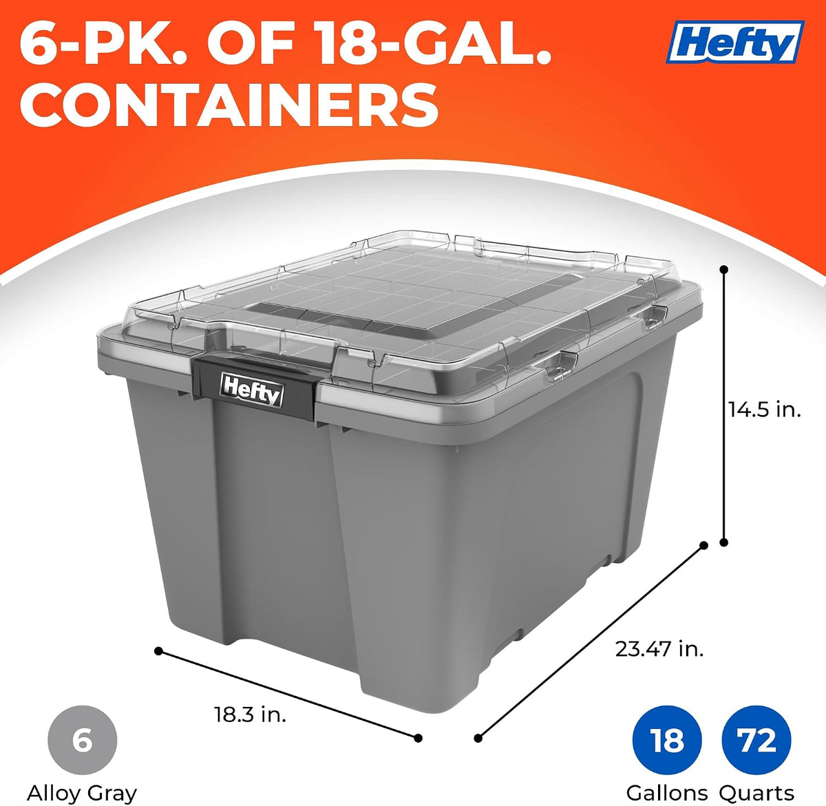 Hefty MAX Pro 12 Gallon Storage Bins with Latching Lids, Heavy Duty Stackable Plastic Storage Containers for Garage, Basement & Outdoor Use, Utility Storage Tote, 6 Pack, Gray
