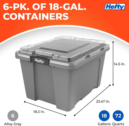 Hefty MAX Pro 12 Gallon Storage Bins with Latching Lids, Heavy Duty Stackable Plastic Storage Containers for Garage, Basement & Outdoor Use, Utility Storage Tote, 6 Pack, Gray