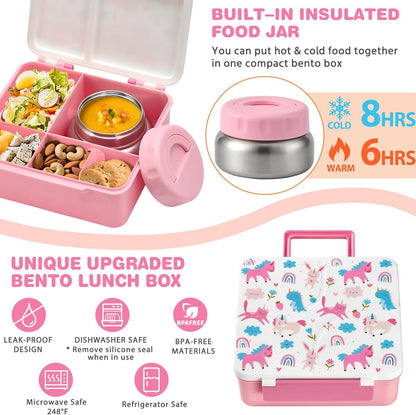 Bento Lunch Box with 9.5 oz Soup Thermo, Kids Leakproof 4 Compartments Bento Box with Silicone Cupcake,Fruit Fork,Spoon and Sauce Cup,Insulated Food Jar for School Travel-Black