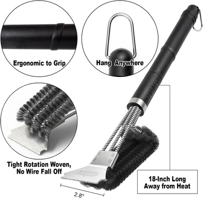 GRILLART Grill Brush and Scraper BBQ Brush for Grill, Safe 18" Stainless Steel Woven Wire 3 in 1 Bristles Grill Cleaning Brush, BR-4516