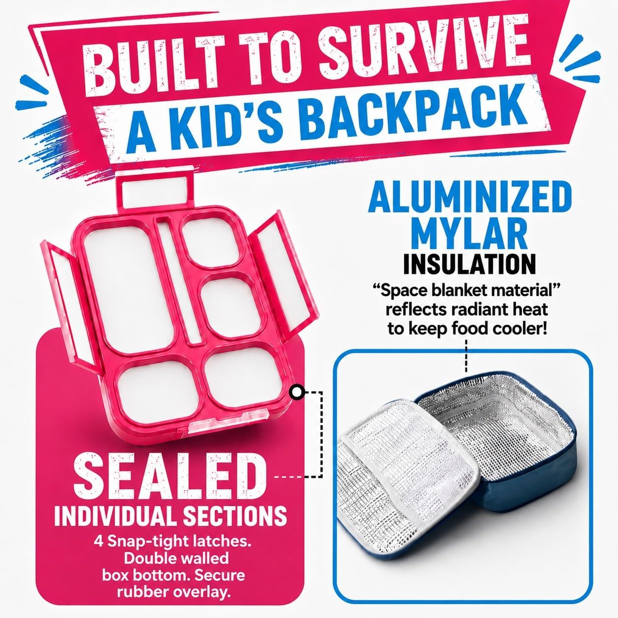 kinsho Lunch Box for Kids Boys Girls - Bento Box Set with Insulated Bag and Ice Pack, 6 Compartment Leak Proof Food Container, BPA-Free, Microwave Safe, Ideal for School & Work, Teal