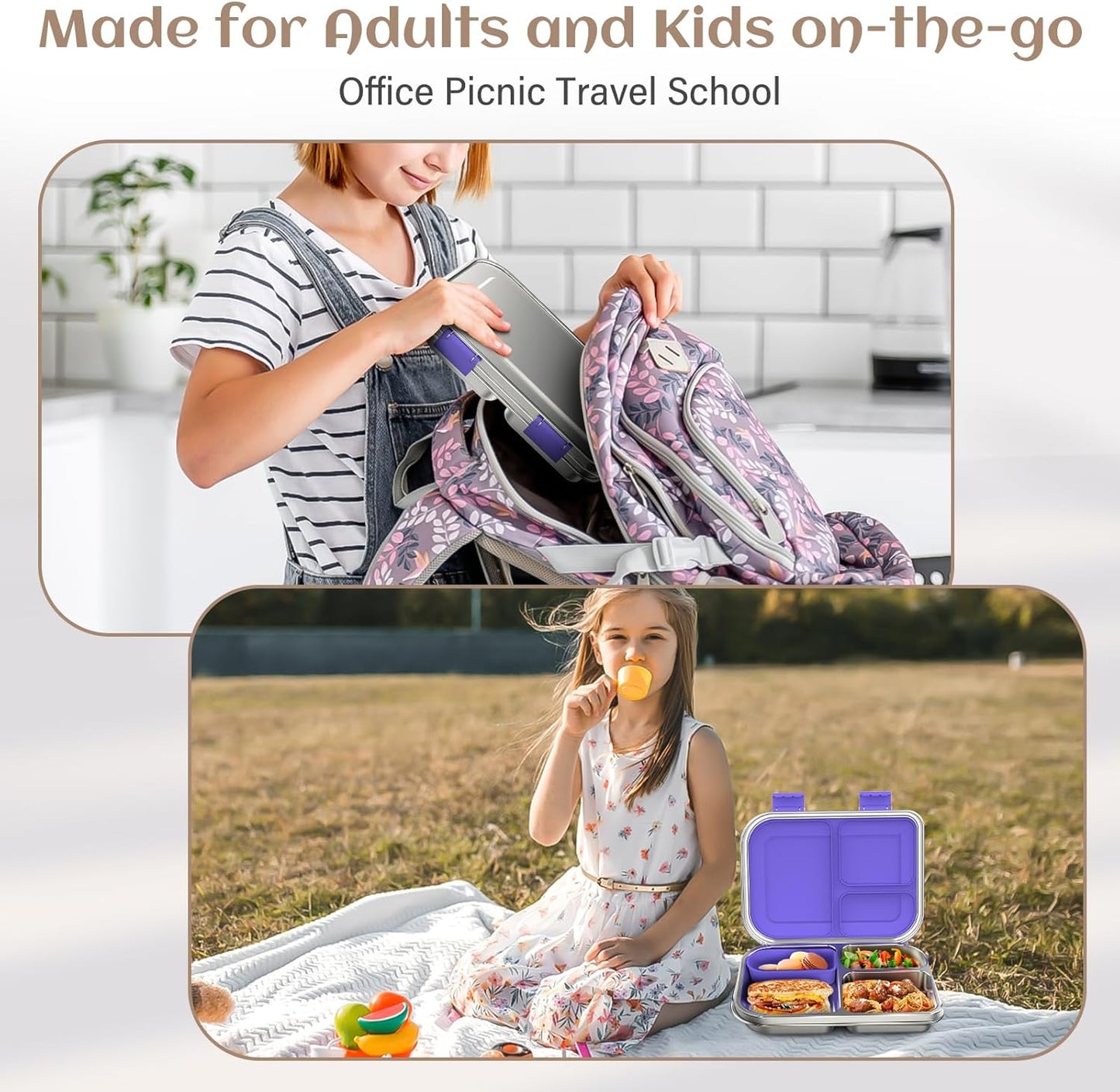 BABHAMNESS Stainless Steel Bento Box Kids, 3 Compartments Leak Proof Metal Bento Lunch Box, 304 Stainless Steel Bento Lunch Containers for School and Office,Dishwasher Safe, BPA-Free-Pink
