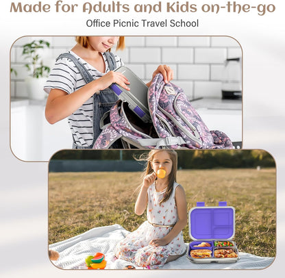 BABHAMNESS Stainless Steel Bento Box Kids, 3 Compartments Leak Proof Metal Bento Lunch Box, 304 Stainless Steel Bento Lunch Containers for School and Office,Dishwasher Safe, BPA-Free-Pink