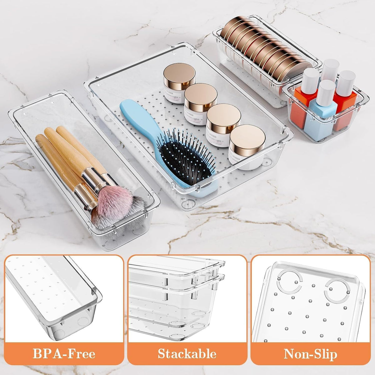 SpaceHacks 25 PCS Plastic Drawer Organizer Set, 4-Size Versatile Organizer Tool Trays & storage Bins for Makeup, Jewelry, and Gadgets in Bathroom, Bedroom and Office,Clear Black