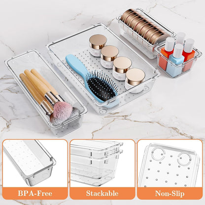 SpaceHacks 25 PCS Plastic Drawer Organizer Set, 4-Size Versatile Organizer Tool Trays & storage Bins for Makeup, Jewelry, and Gadgets in Bathroom, Bedroom and Office,Clear Black