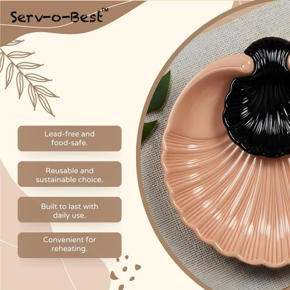 Servo Best Grey Ceramic Chip and Dip Platter, Shell Design Appetizer Serving Tray with Built-In Dip Bowl, Sectioned Snack Platter for Chips Salsa Veggies, Party Entertaining Serveware Gift