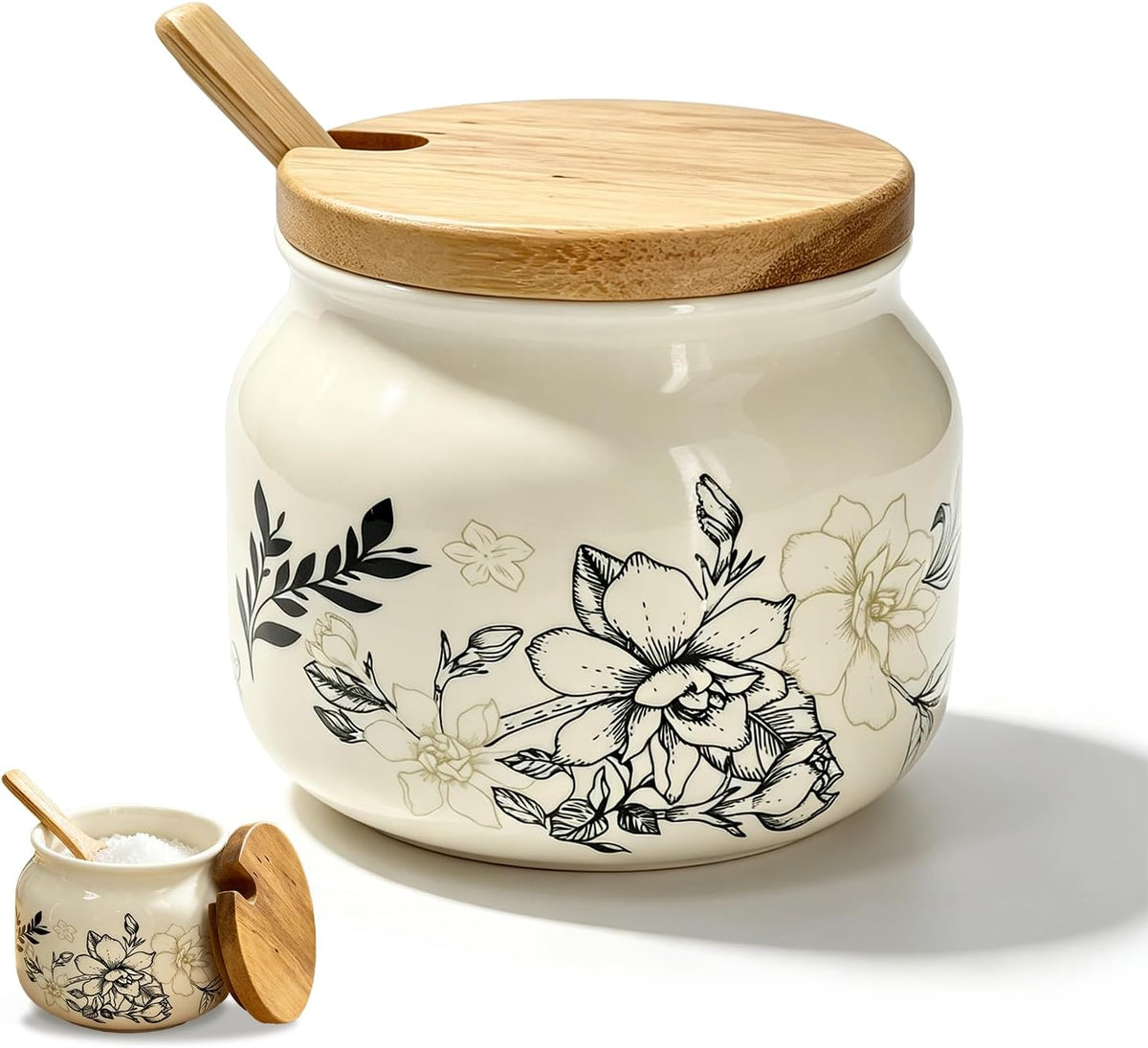 Ceramic Salt Cellar Bamboo Lid Spoon 3.5" Wide 12oz